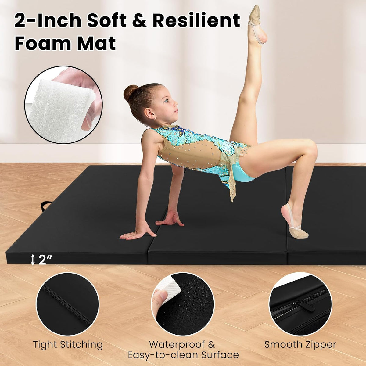 4'x10'x 2" Gymnastics Mat, 4-Panel Folding Aerobics Exercise Mat w/Hook & Loop Fastener, Carrying Handle, Portable Tumbling Mat for Stretching Yoga Cheerleading Martial Arts