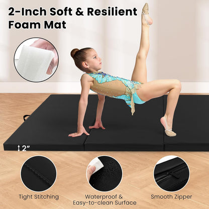 4'x10'x 2" Gymnastics Mat, 4-Panel Folding Aerobics Exercise Mat w/Hook & Loop Fastener, Carrying Handle, Portable Tumbling Mat for Stretching Yoga Cheerleading Martial Arts