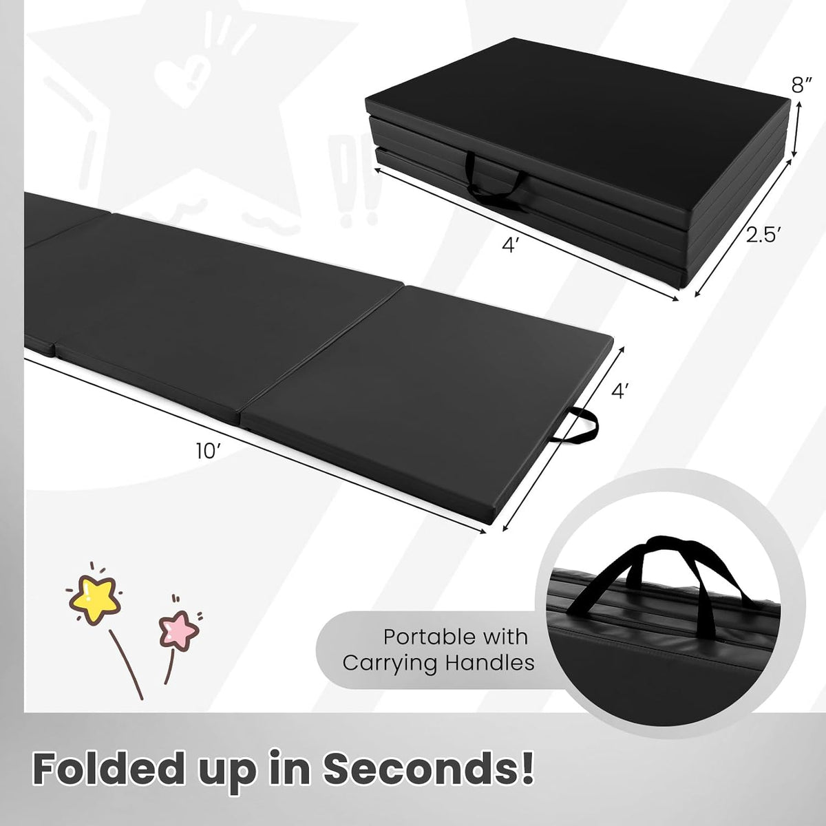 4'x10'x 2" Gymnastics Mat, 4-Panel Folding Aerobics Exercise Mat w/Hook & Loop Fastener, Carrying Handle, Portable Tumbling Mat for Stretching Yoga Cheerleading Martial Arts