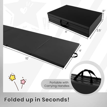 4'x10'x 2" Gymnastics Mat, 4-Panel Folding Aerobics Exercise Mat w/Hook & Loop Fastener, Carrying Handle, Portable Tumbling Mat for Stretching Yoga Cheerleading Martial Arts