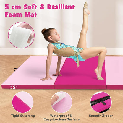 4'x10'x 2" Gymnastics Mat, 4-Panel Folding Aerobics Exercise Mat w/Hook & Loop Fastener, Carrying Handle, Portable Tumbling Mat for Stretching Yoga Cheerleading Martial Arts