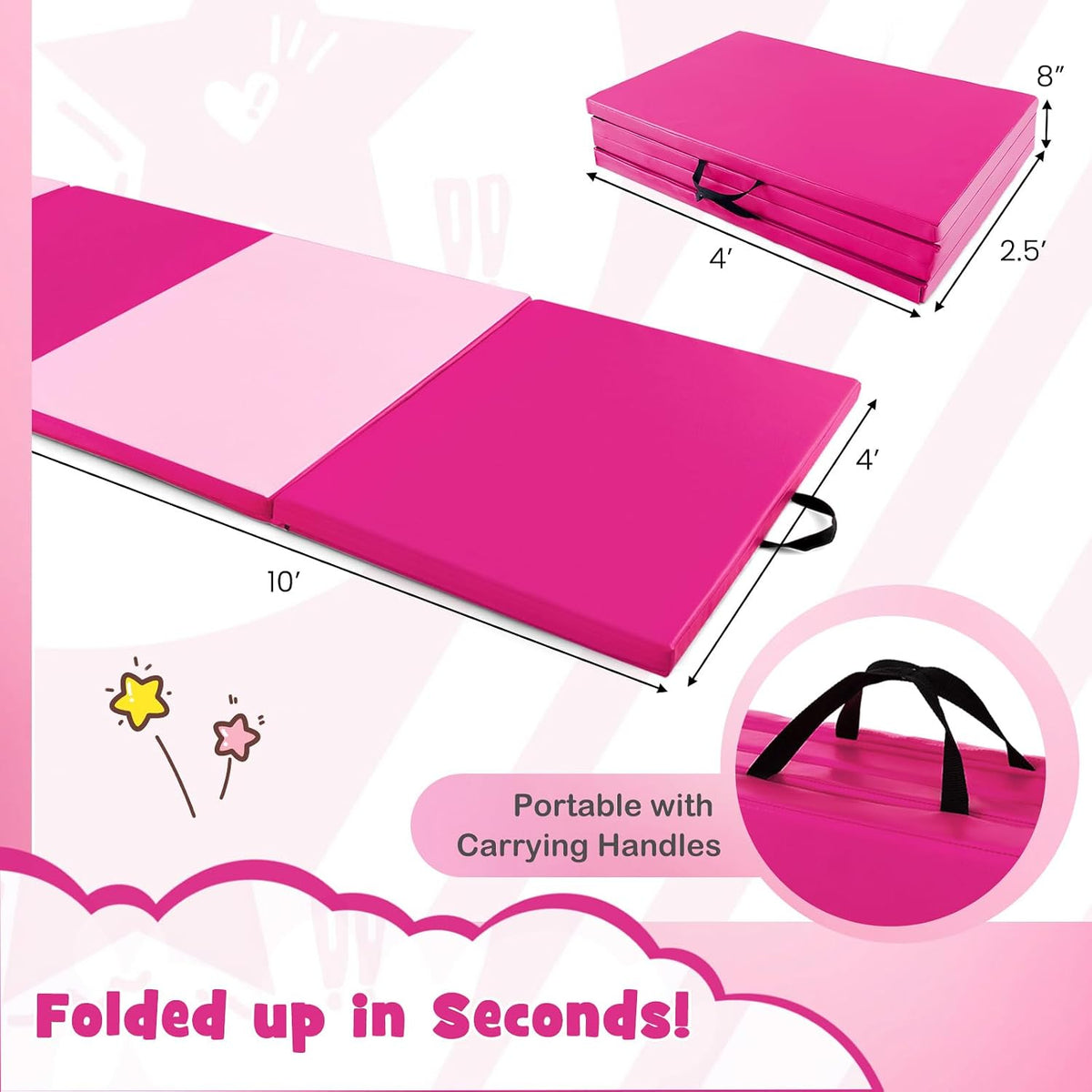 4'x10'x 2" Gymnastics Mat, 4-Panel Folding Aerobics Exercise Mat w/Hook & Loop Fastener, Carrying Handle, Portable Tumbling Mat for Stretching Yoga Cheerleading Martial Arts
