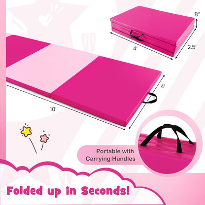 4'x10'x 2" Gymnastics Mat, 4-Panel Folding Aerobics Exercise Mat w/Hook & Loop Fastener, Carrying Handle, Portable Tumbling Mat for Stretching Yoga Cheerleading Martial Arts