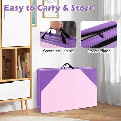 4'x10'x 2" Gymnastics Mat, 4-Panel Folding Aerobics Exercise Mat w/Hook & Loop Fastener, Carrying Handle, Portable Tumbling Mat for Stretching Yoga Cheerleading Martial Arts