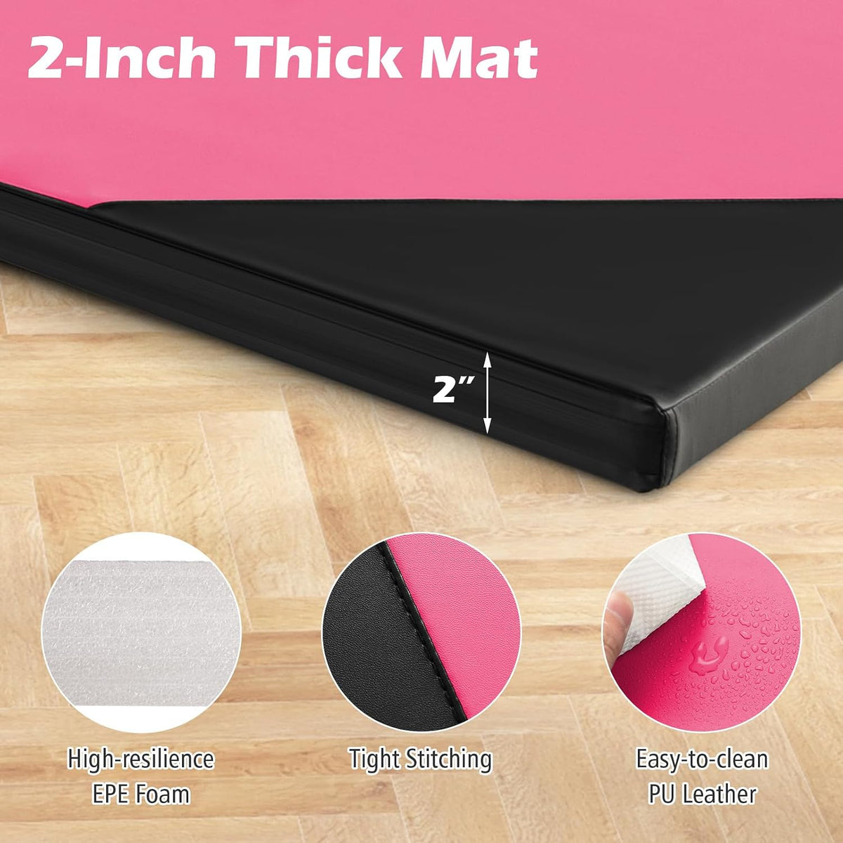 4'x10'x 2" Gymnastics Mat, 4-Panel Folding Aerobics Exercise Mat w/Hook & Loop Fastener, Carrying Handle, Portable Tumbling Mat for Stretching Yoga Cheerleading Martial Arts