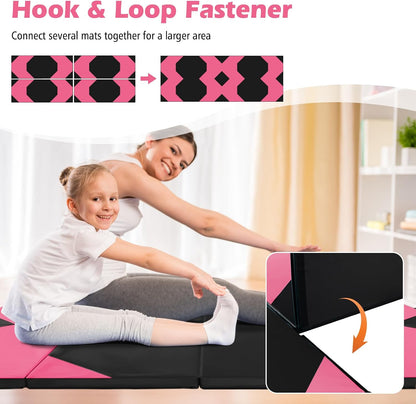 4'x10'x 2" Gymnastics Mat, 4-Panel Folding Aerobics Exercise Mat w/Hook & Loop Fastener, Carrying Handle, Portable Tumbling Mat for Stretching Yoga Cheerleading Martial Arts