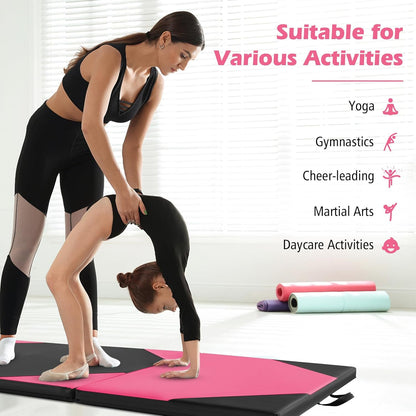 4'x10'x 2" Gymnastics Mat, 4-Panel Folding Aerobics Exercise Mat w/Hook & Loop Fastener, Carrying Handle, Portable Tumbling Mat for Stretching Yoga Cheerleading Martial Arts