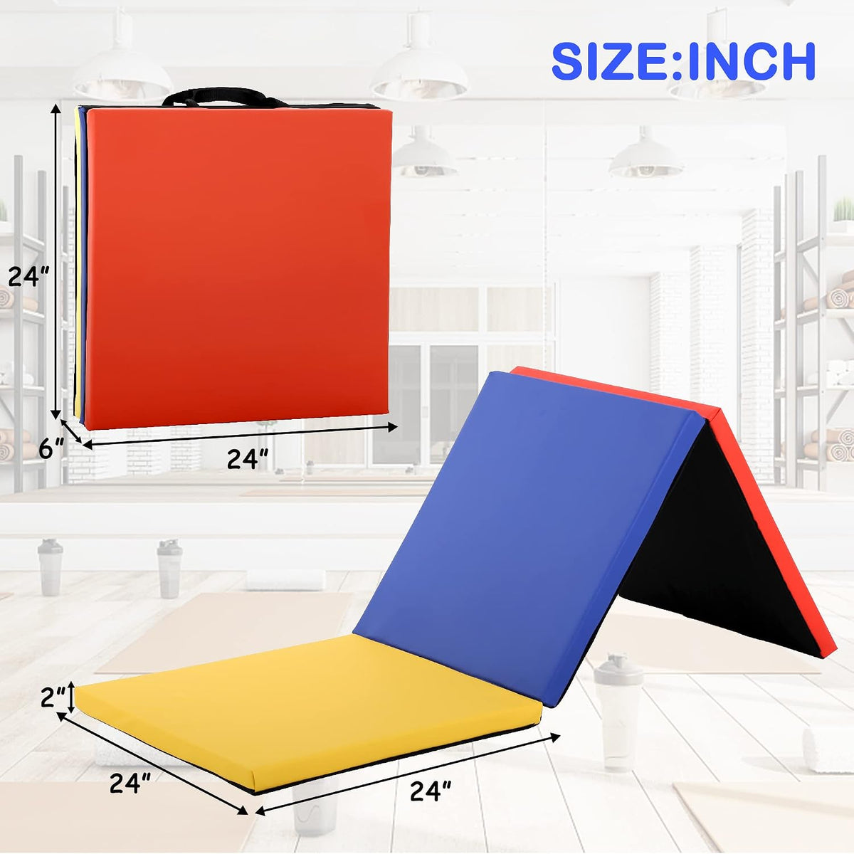Gymnastics Tumbling Mat, 3 Folding Exercise Mat with Handle, All-Purpose Home Gym Mat for Tumbling, 6'x2'x2'