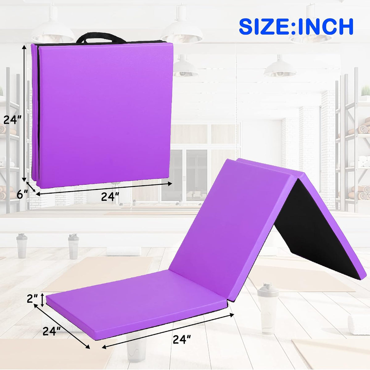 Gymnastics Tumbling Mat, 3 Folding Exercise Mat with Handle, All-Purpose Home Gym Mat for Tumbling, 6'x2'x2'