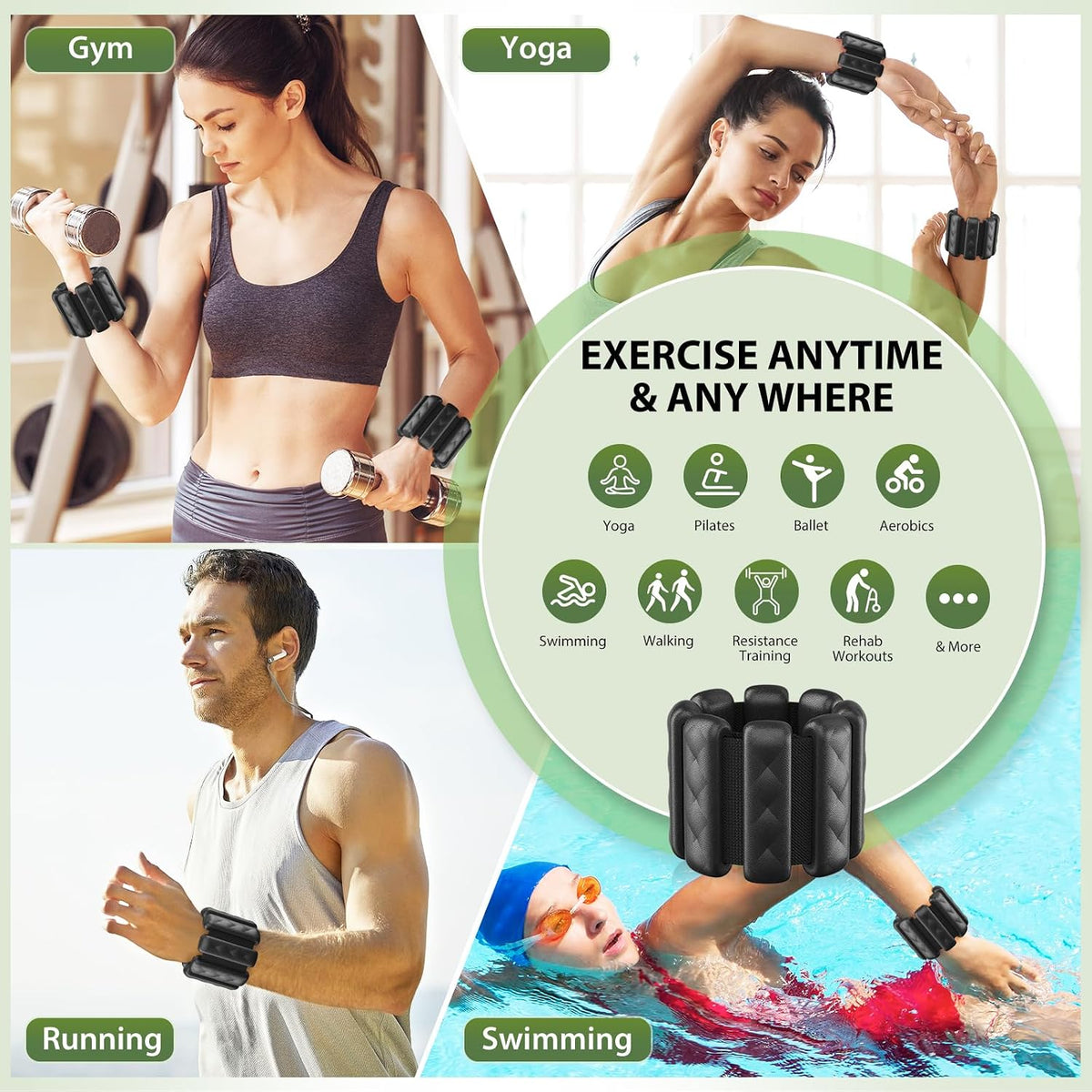 Pilates Wrist and Ankle Weights for Women - Adjustable Weighted Bangles for Men, 2 lbs Weighted Arm Bands Foot Leg Weights for Walking, Yoga, Training, Exercise, Running, Set of 2 (1LB Each)