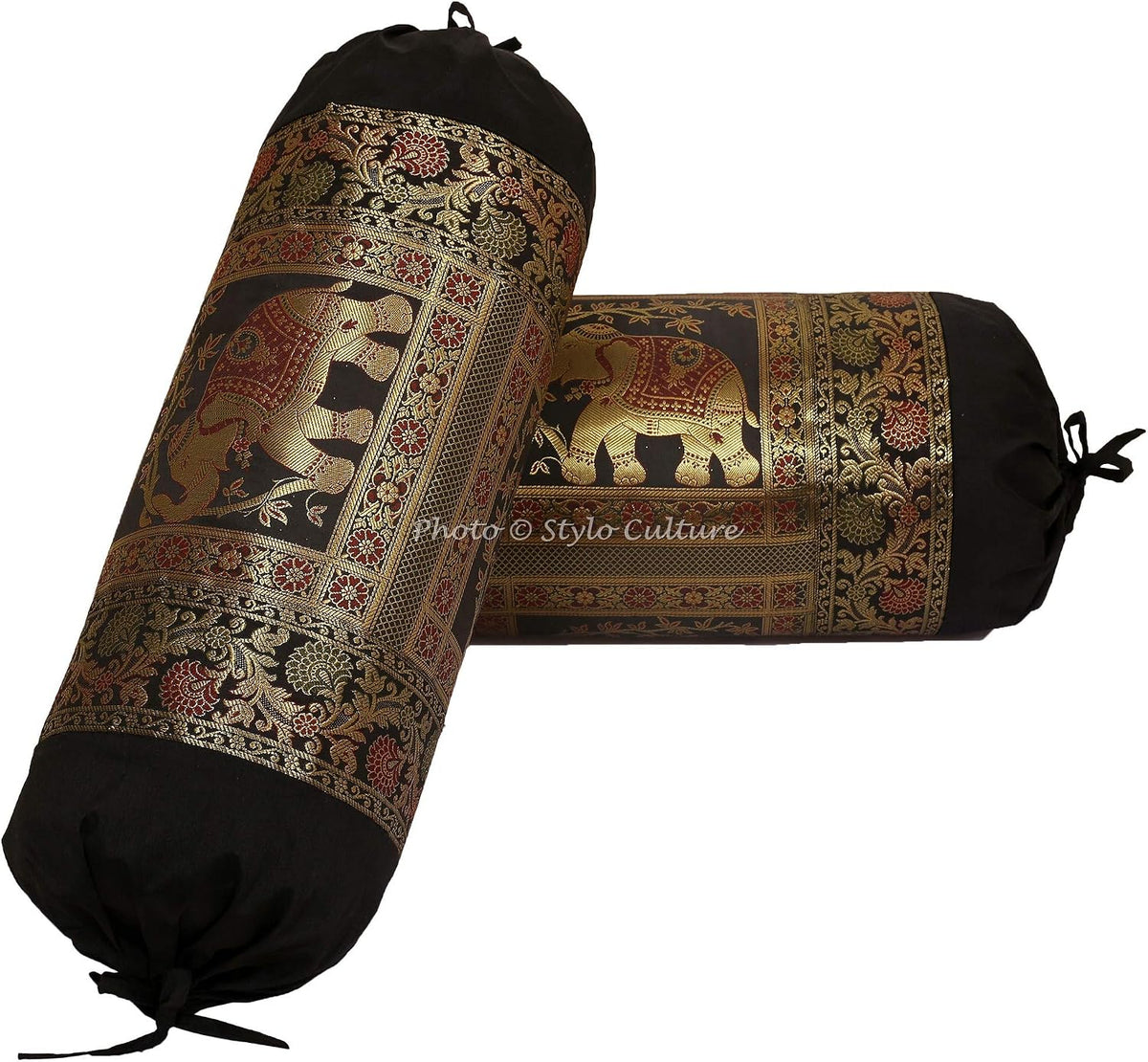 Indian Polydupion Cylindrical Tube Pillow Bolster Pillow Covers Black Jacquard Brocade Border Elephant Large Couch Round Cylinder Cushion Covers (Set of 2) | 30x15 Inches (76x38 cm)