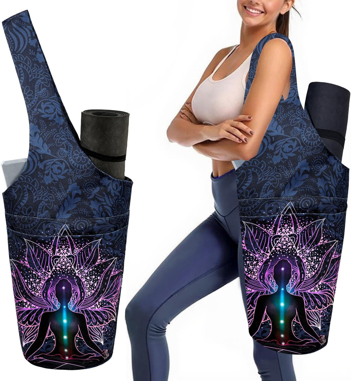 Yoga Mat Bag Carrier for Women with Side Large Pocket Durable Linen Workout Gym Travel Storage Pilates Mats