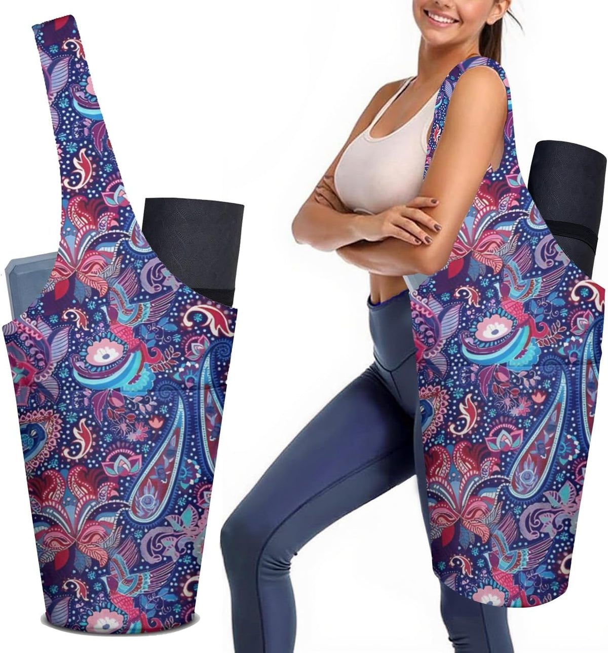 Yoga Mat Bag Carrier for Women with Side Large Pocket Durable Linen Workout Gym Travel Storage Pilates Mats