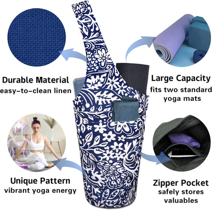 Yoga Mat Bag Carrier for Women with Side Large Pocket Durable Linen Workout Gym Travel Storage Pilates Mats