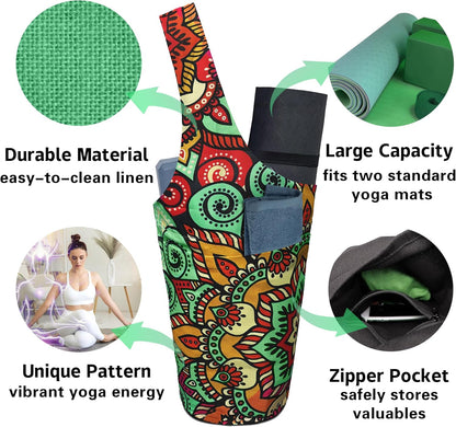 Yoga Mat Bag Carrier for Women with Side Large Pocket Durable Linen Workout Gym Travel Storage Pilates Mats