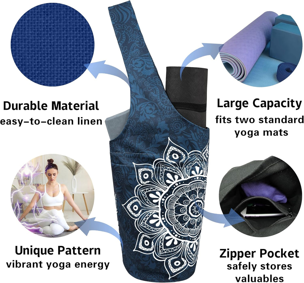 Yoga Mat Bag Carrier for Women with Side Large Pocket Durable Linen Workout Gym Travel Storage Pilates Mats