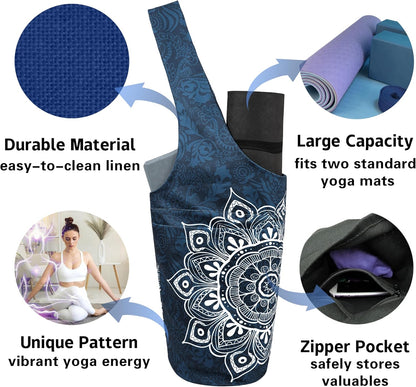 Yoga Mat Bag Carrier for Women with Side Large Pocket Durable Linen Workout Gym Travel Storage Pilates Mats