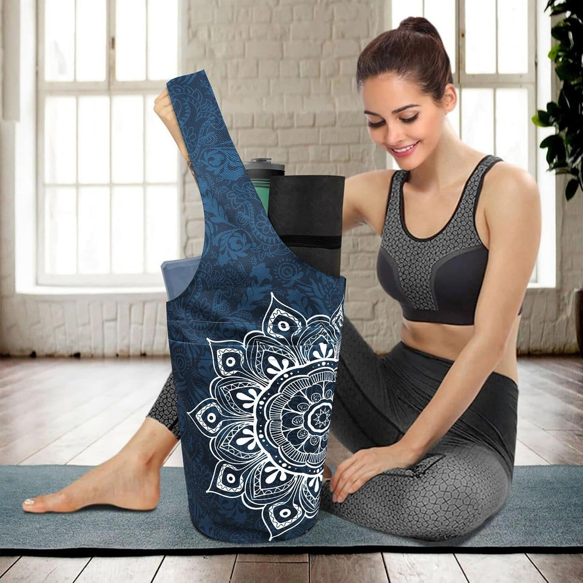 Yoga Mat Bag Carrier for Women with Side Large Pocket Durable Linen Workout Gym Travel Storage Pilates Mats