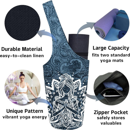 Yoga Mat Bag Carrier for Women with Side Large Pocket Durable Linen Workout Gym Travel Storage Pilates Mats