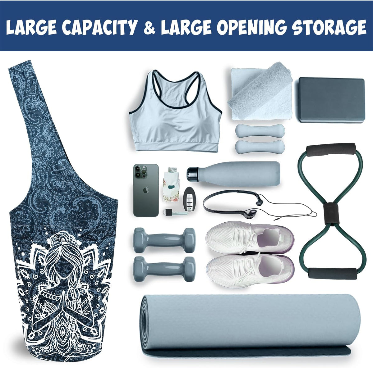 Yoga Mat Bag Carrier for Women with Side Large Pocket Durable Linen Workout Gym Travel Storage Pilates Mats