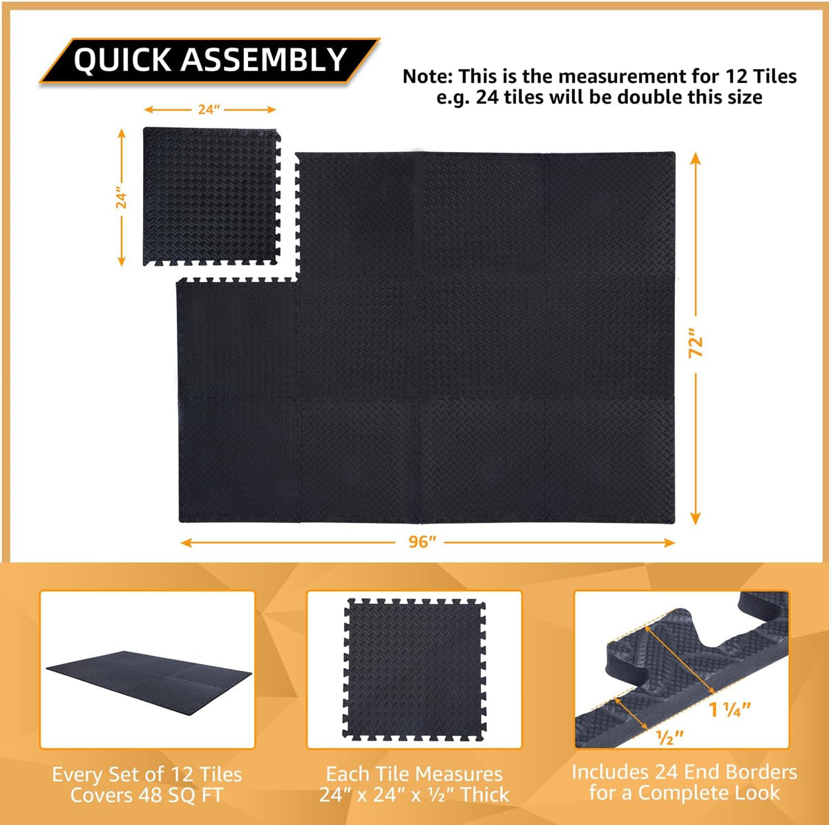 12 Pack, 48 SQFT - 24" x 24" - 1/2" Extra Thick Floor Exercise Mat for Home Gym or Floor Padding - High-Density EVA Interlocking Foam Floor Tiles for Gym Equipment, Play Area | Yoga, Cardio, Weights