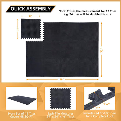 12 Pack, 48 SQFT - 24" x 24" - 1/2" Extra Thick Floor Exercise Mat for Home Gym or Floor Padding - High-Density EVA Interlocking Foam Floor Tiles for Gym Equipment, Play Area | Yoga, Cardio, Weights