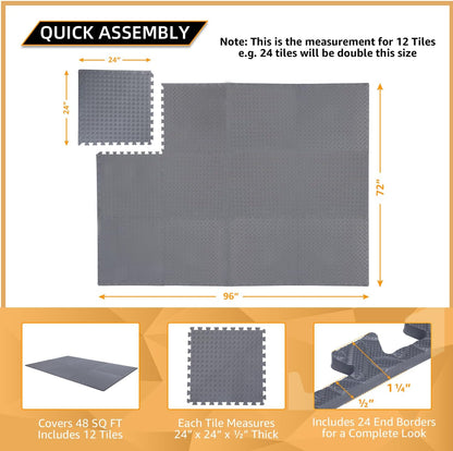 12 Pack, 48 SQFT - 24" x 24" - 1/2" Extra Thick Floor Exercise Mat for Home Gym or Floor Padding - High-Density EVA Interlocking Foam Floor Tiles for Gym Equipment, Play Area | Yoga, Cardio, Weights