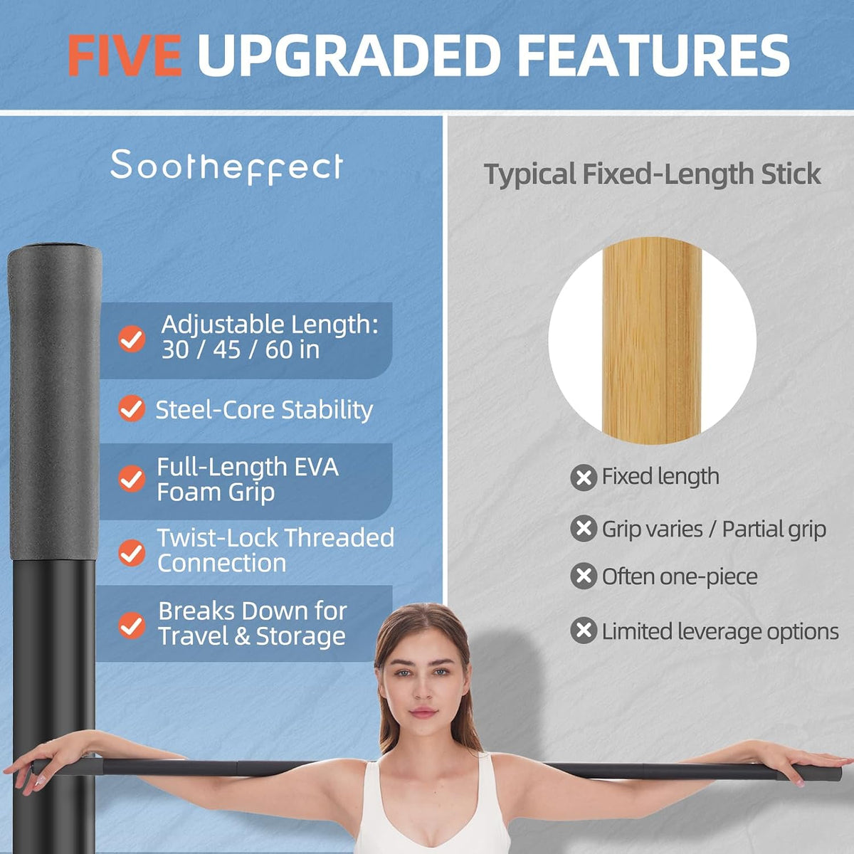 Adjustable Yoga Stick (30/45/60 in), Fully Foam-Sleeved Steel Stretching & Mobility Stick with Exercise Guide, Portable Fitness & Rehab Tool, Carry Bag Included