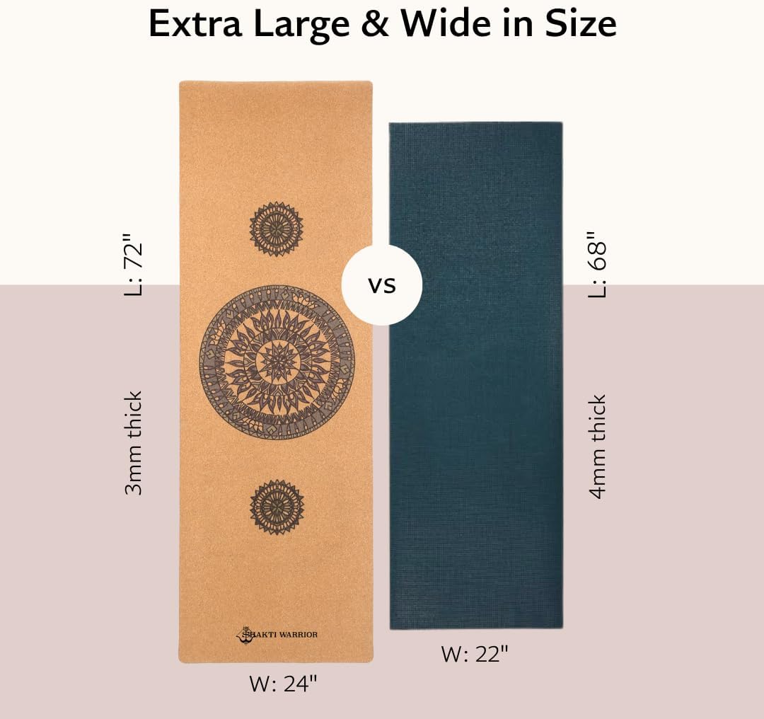 Mandala Pro Cork Yoga Mat, Non Slip, 72 x 24 Inch, 3mm Thick