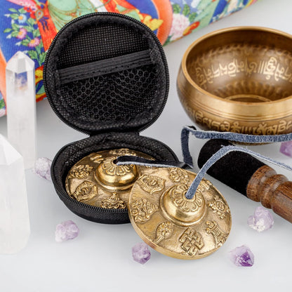Tibetan Tingsha Cymbals 2pcs, with Storage Box and Fabric Case, Meditation Sanskrit Brass Chime Bells for Spiritual Healing Mindfulness, Yoga Buddhist, Relaxation Musical Instruments