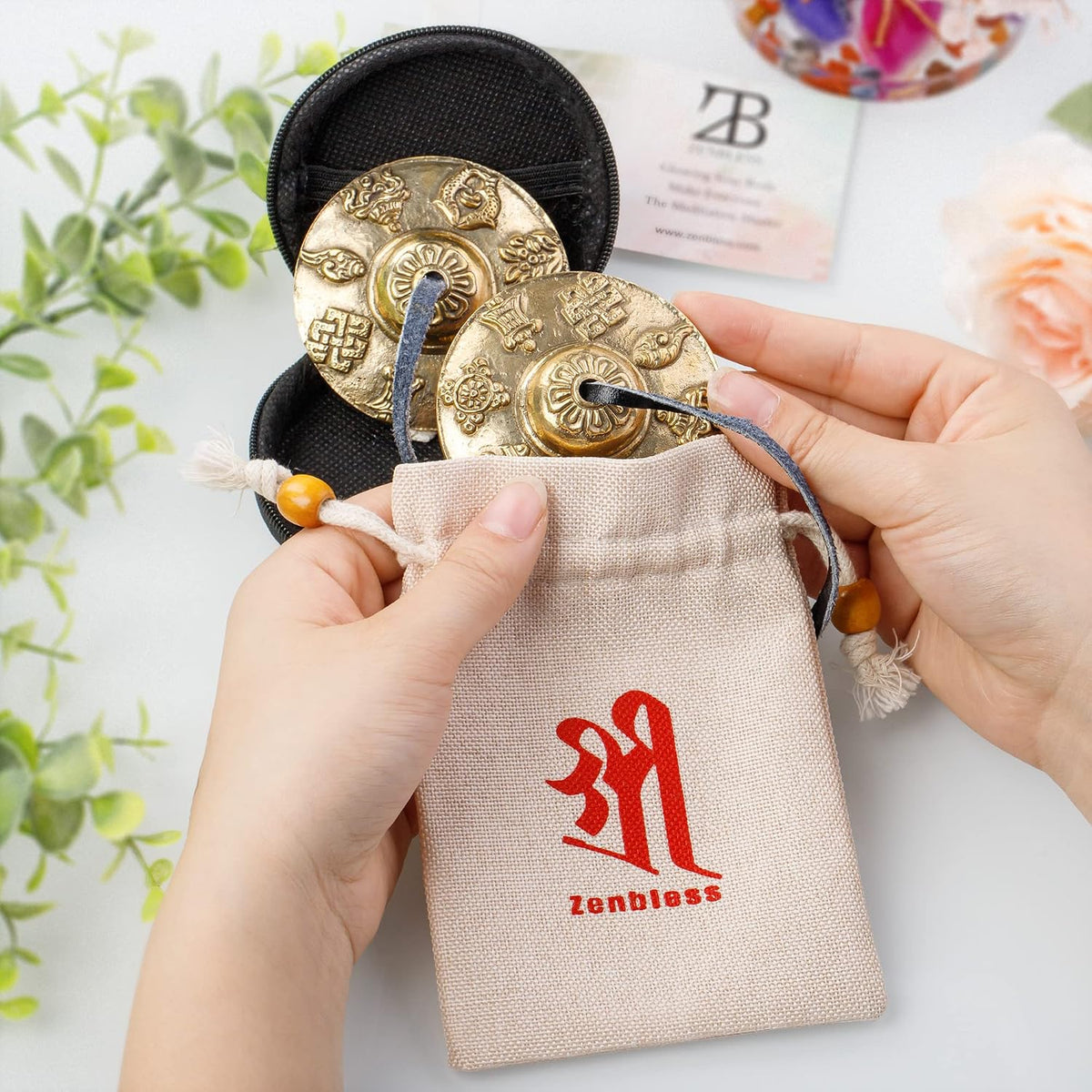 Tibetan Tingsha Cymbals 2pcs, with Storage Box and Fabric Case, Meditation Sanskrit Brass Chime Bells for Spiritual Healing Mindfulness, Yoga Buddhist, Relaxation Musical Instruments