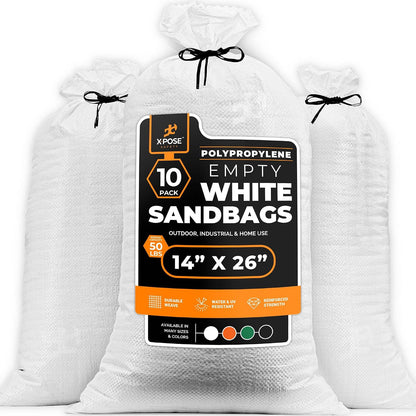 Heavy Duty Sand Bags with Tie Strings – Empty Woven Polypropylene Sandbags for Hurricane Flood Protection, 50 lb Capacity, 14" x 26", White, Pack of 10