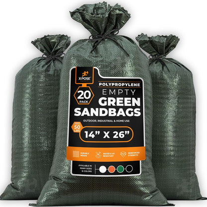 Heavy Duty Sand Bags with Tie Strings – Empty Woven Polypropylene Sandbags for Hurricane Flood Protection, 50 lb Capacity, 14" x 26", White, Pack of 10