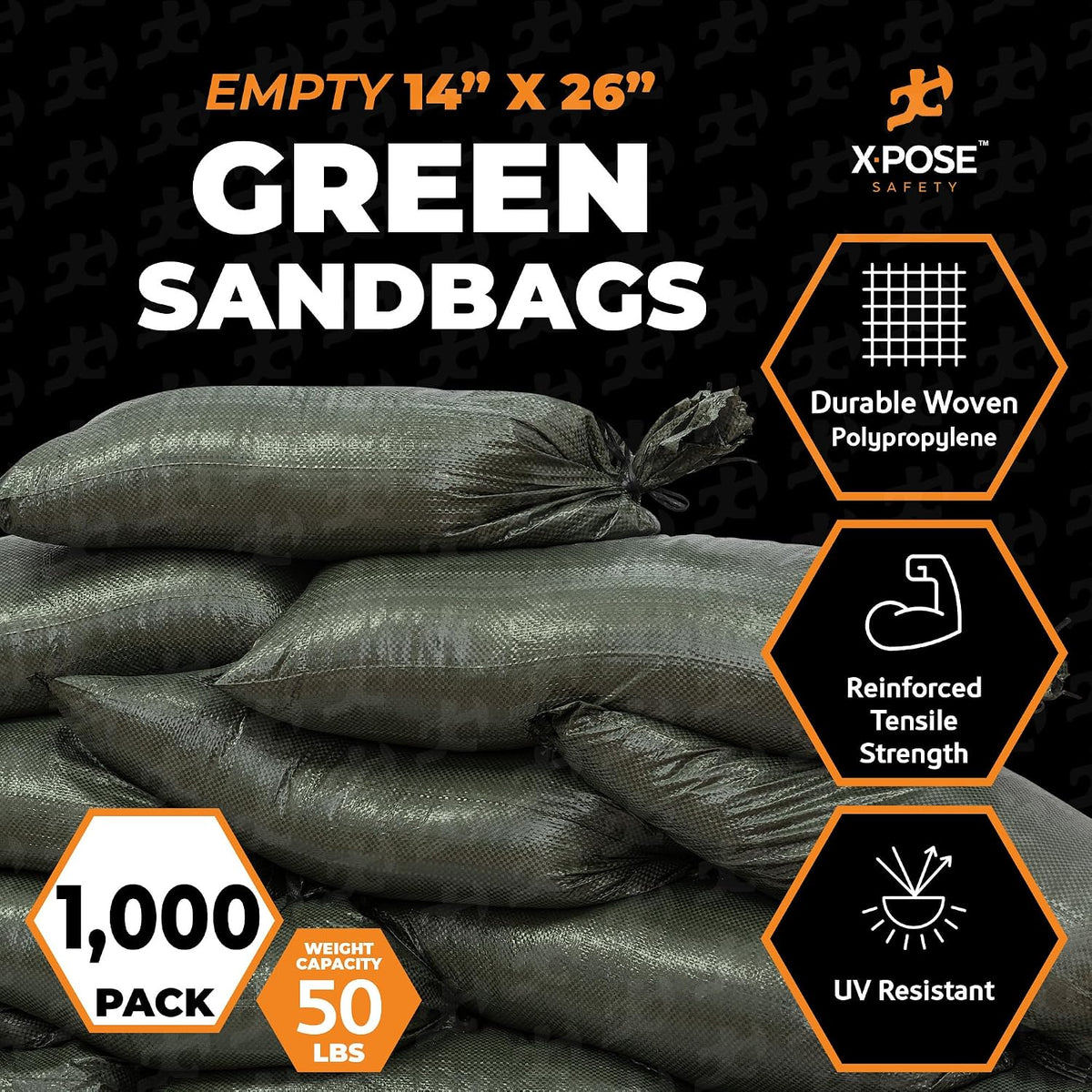 Heavy Duty Sand Bags with Tie Strings – Empty Woven Polypropylene Sandbags for Hurricane Flood Protection, 50 lb Capacity, 14" x 26", White, Pack of 10