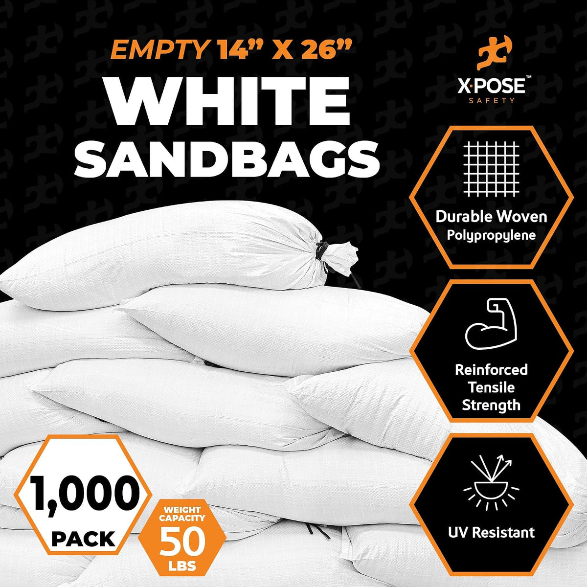 Heavy Duty Sand Bags with Tie Strings – Empty Woven Polypropylene Sandbags for Hurricane Flood Protection, 50 lb Capacity, 14" x 26", White, Pack of 10