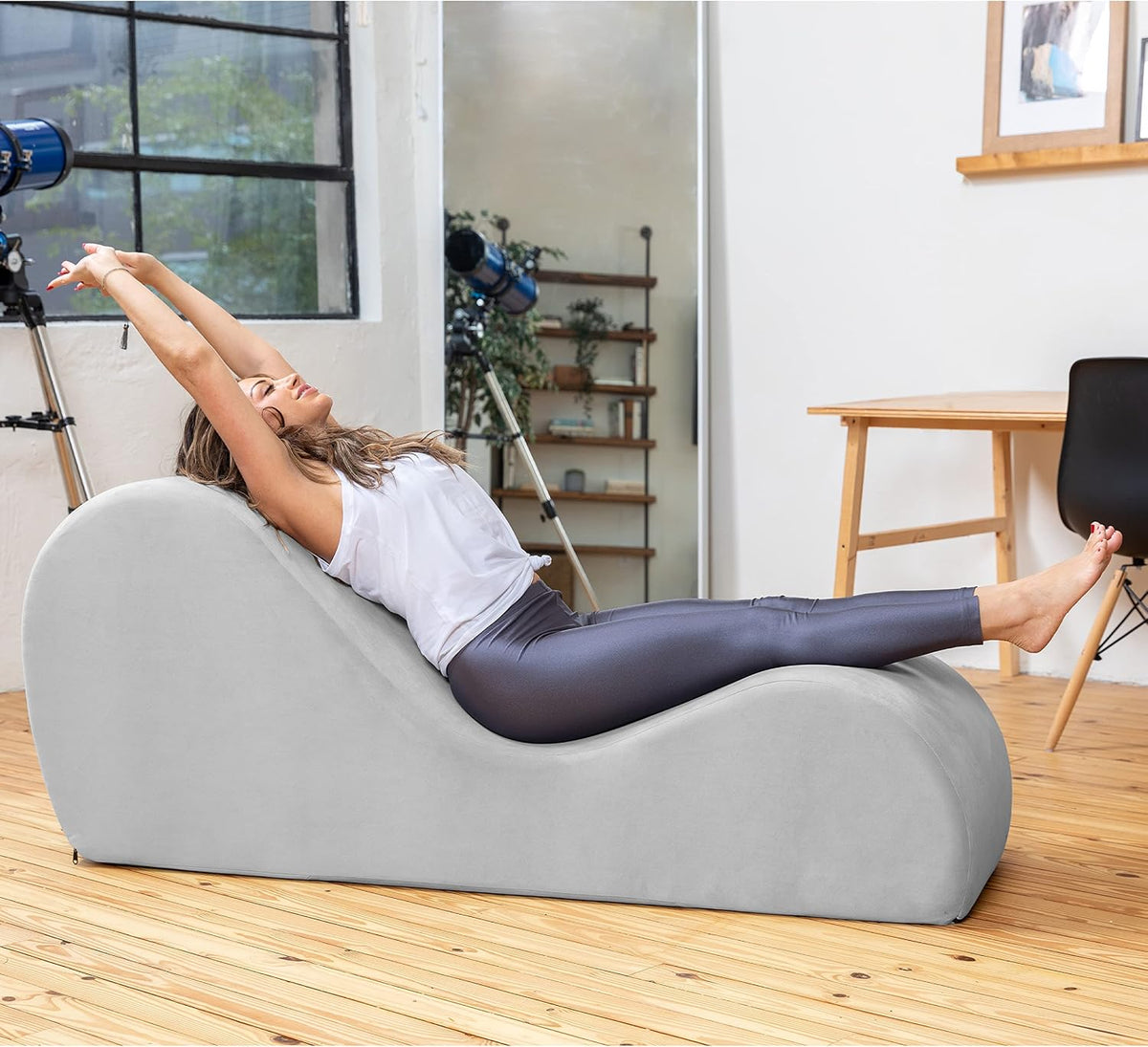 Sleek Chaise Lounge for Yoga - Made in The USA - Great for Stretching, Relaxation, Exercise & More, 60D x 18W x 26H Inch, Light Grey