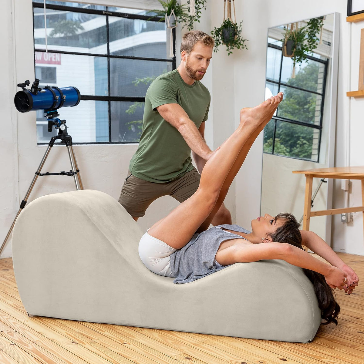 Sleek Chaise Lounge for Yoga - Made in The USA - Great for Stretching, Relaxation, Exercise & More, 60D x 18W x 26H Inch, Light Grey