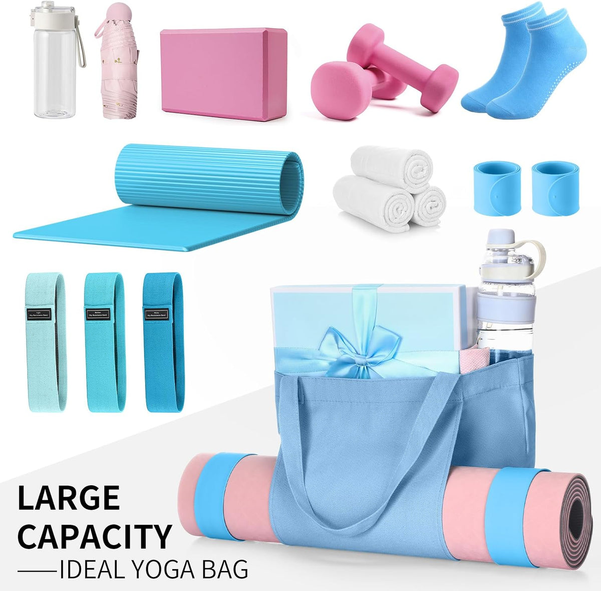 Yoga Mat Bag Set for Women Including Yoga Tote Bag (Without Mat) Booty Resistance Bands Non Slip Sports Socks Silicone Ties for Pilates Travel Workout Office Home Gym
