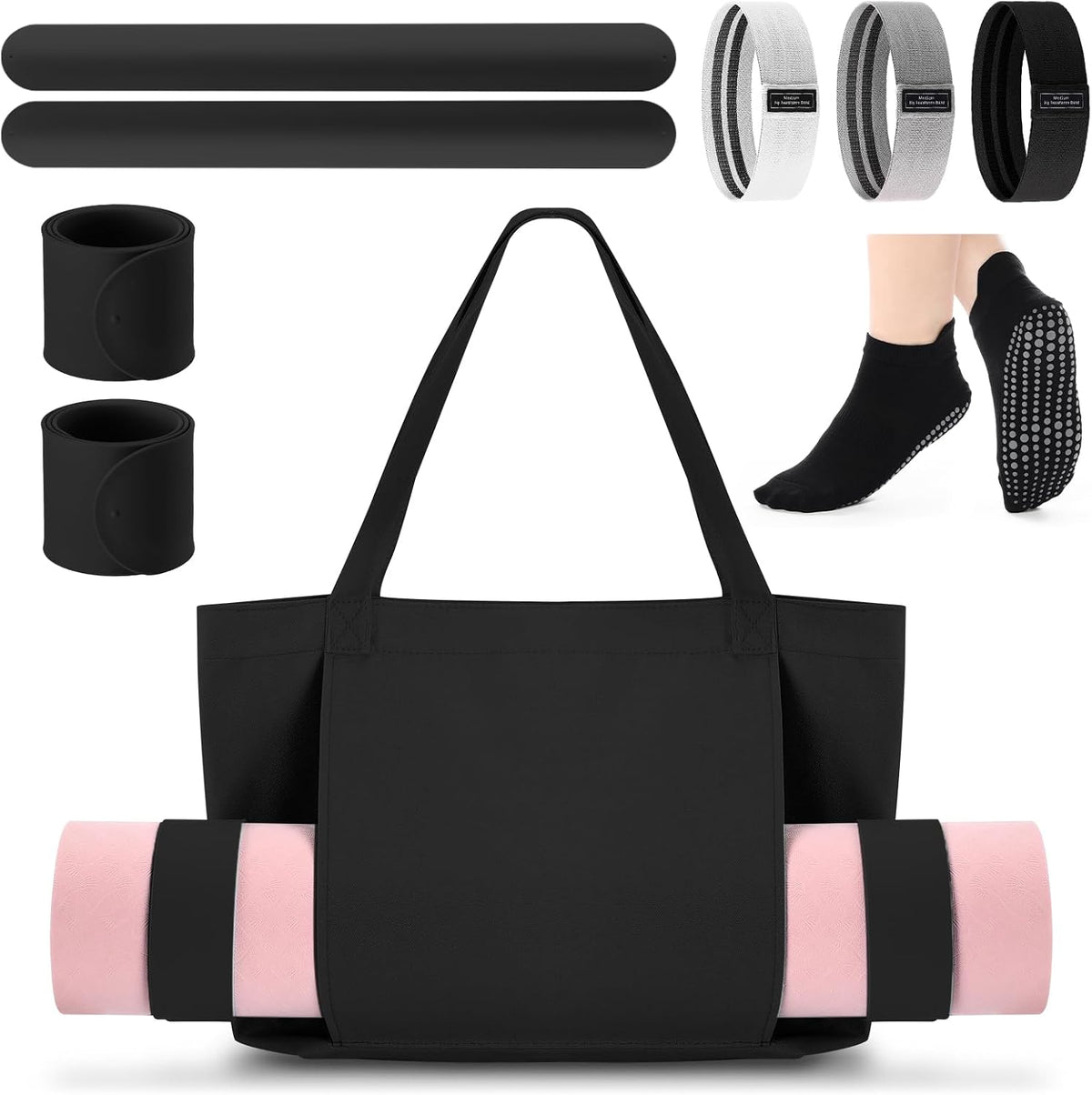 Yoga Mat Bag Set for Women Including Yoga Tote Bag (Without Mat) Booty Resistance Bands Non Slip Sports Socks Silicone Ties for Pilates Travel Workout Office Home Gym