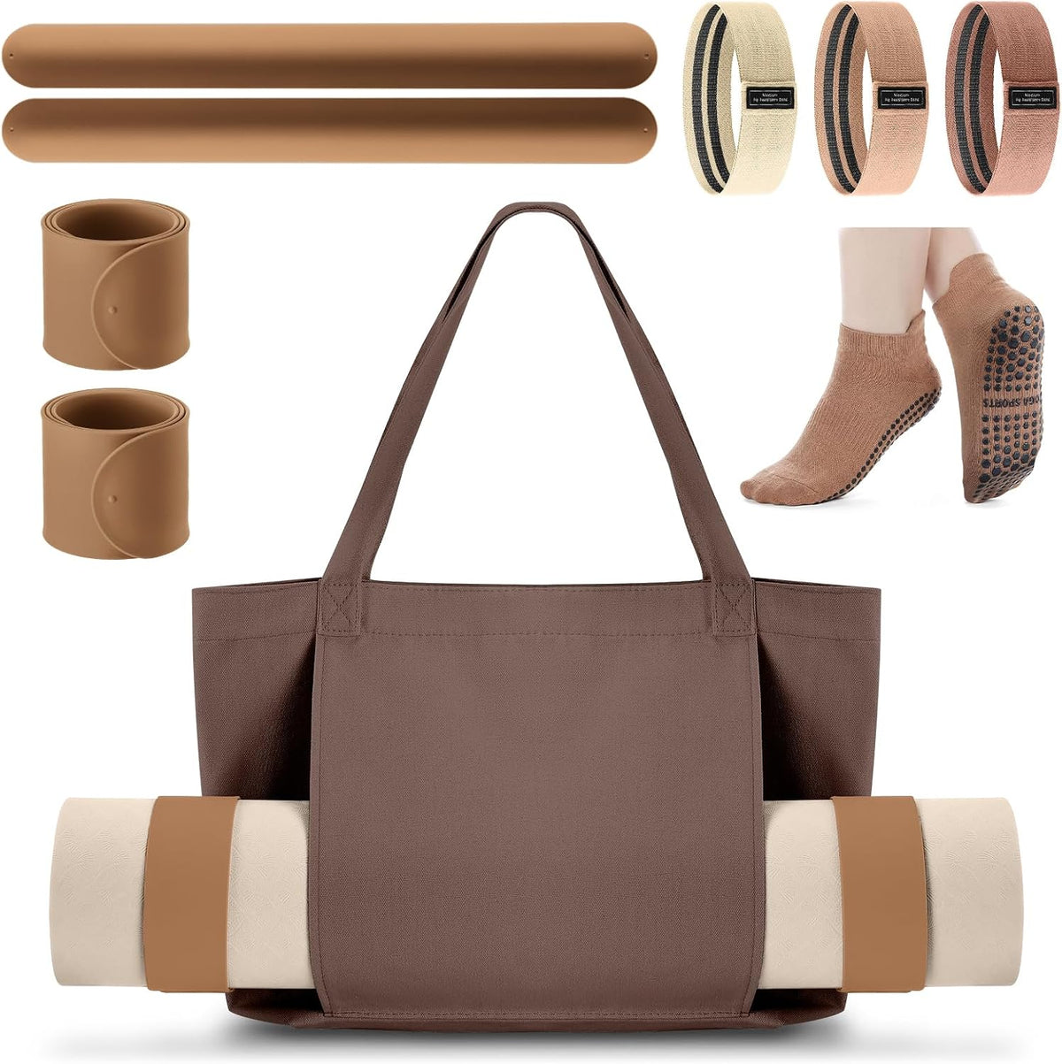 Yoga Mat Bag Set for Women Including Yoga Tote Bag (Without Mat) Booty Resistance Bands Non Slip Sports Socks Silicone Ties for Pilates Travel Workout Office Home Gym