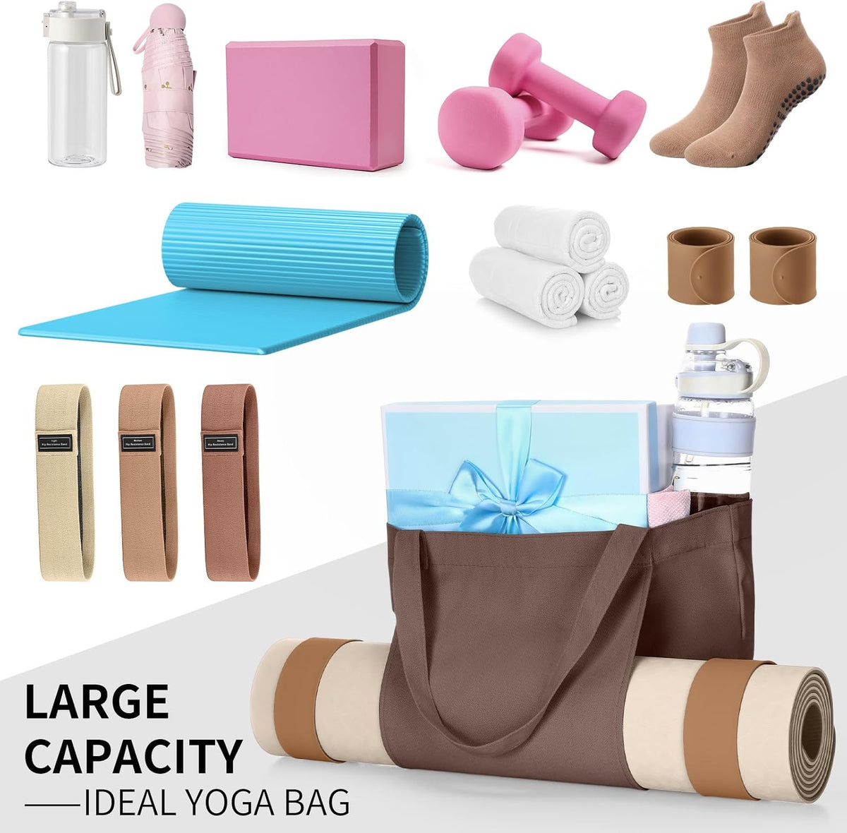 Yoga Mat Bag Set for Women Including Yoga Tote Bag (Without Mat) Booty Resistance Bands Non Slip Sports Socks Silicone Ties for Pilates Travel Workout Office Home Gym