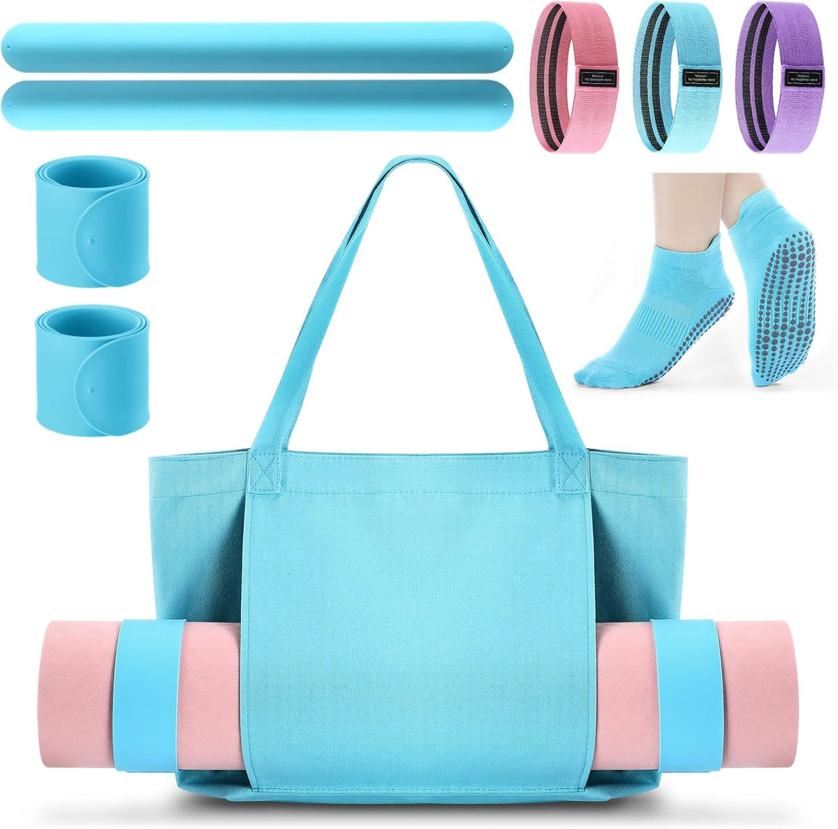 Yoga Mat Bag Set for Women Including Yoga Tote Bag (Without Mat) Booty Resistance Bands Non Slip Sports Socks Silicone Ties for Pilates Travel Workout Office Home Gym