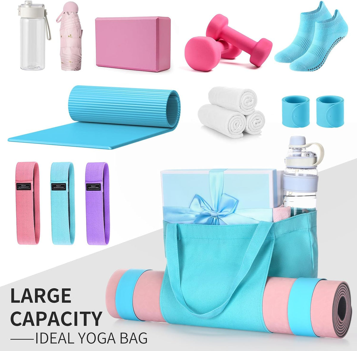 Yoga Mat Bag Set for Women Including Yoga Tote Bag (Without Mat) Booty Resistance Bands Non Slip Sports Socks Silicone Ties for Pilates Travel Workout Office Home Gym
