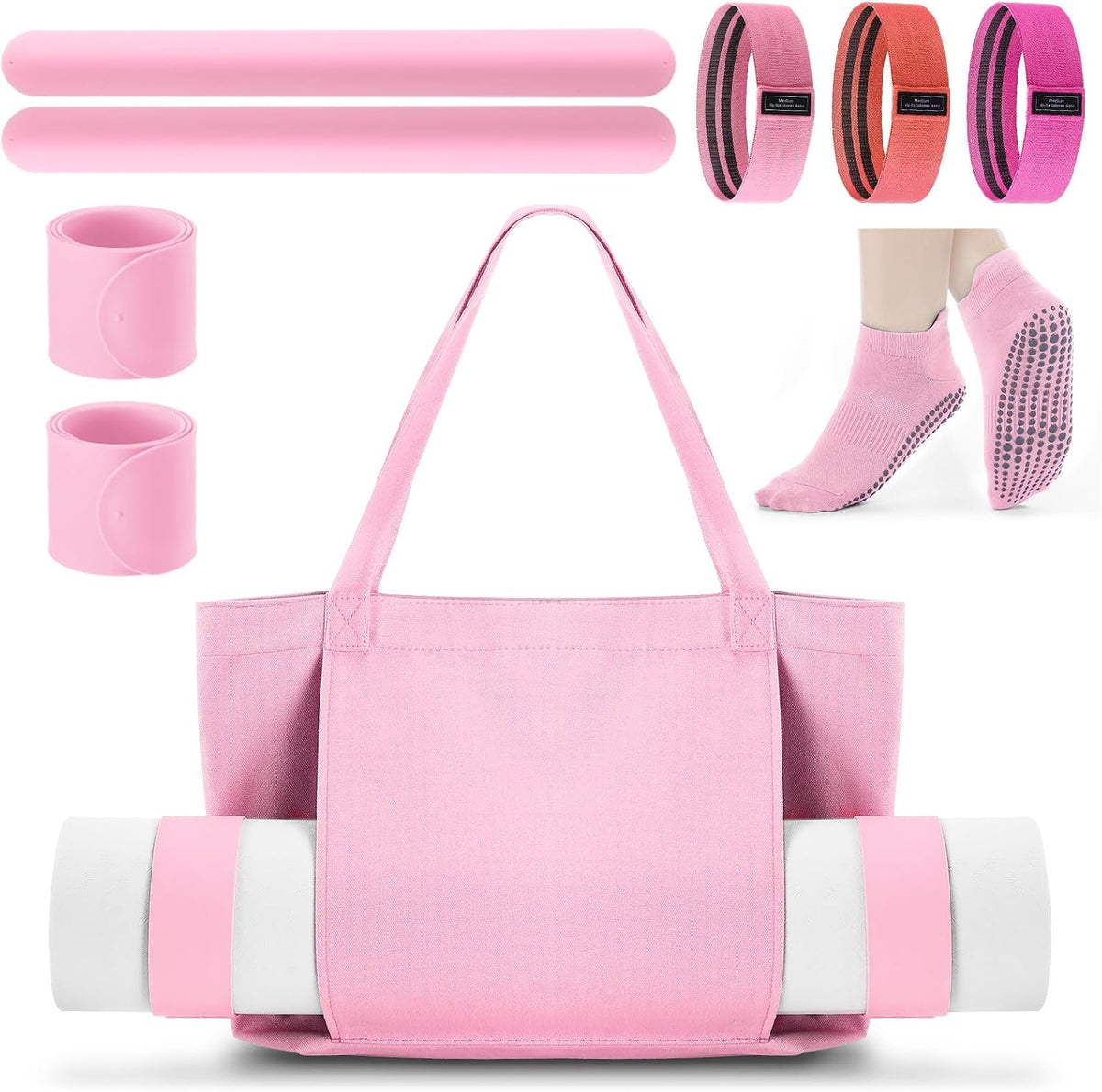 Yoga Mat Bag Set for Women Including Yoga Tote Bag (Without Mat) Booty Resistance Bands Non Slip Sports Socks Silicone Ties for Pilates Travel Workout Office Home Gym