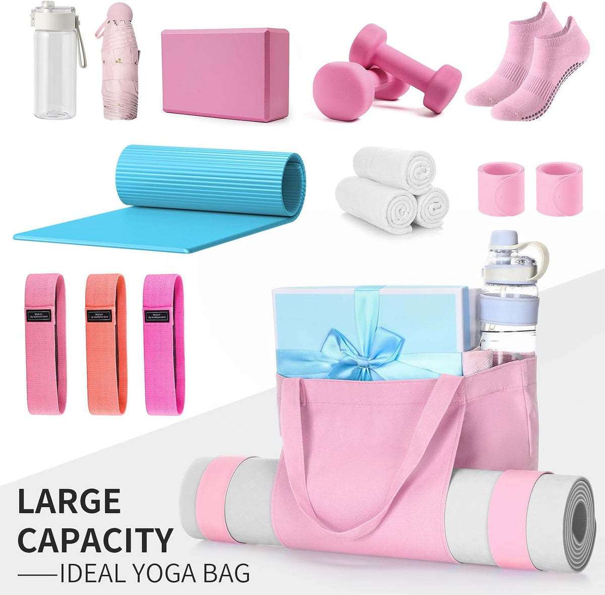 Yoga Mat Bag Set for Women Including Yoga Tote Bag (Without Mat) Booty Resistance Bands Non Slip Sports Socks Silicone Ties for Pilates Travel Workout Office Home Gym