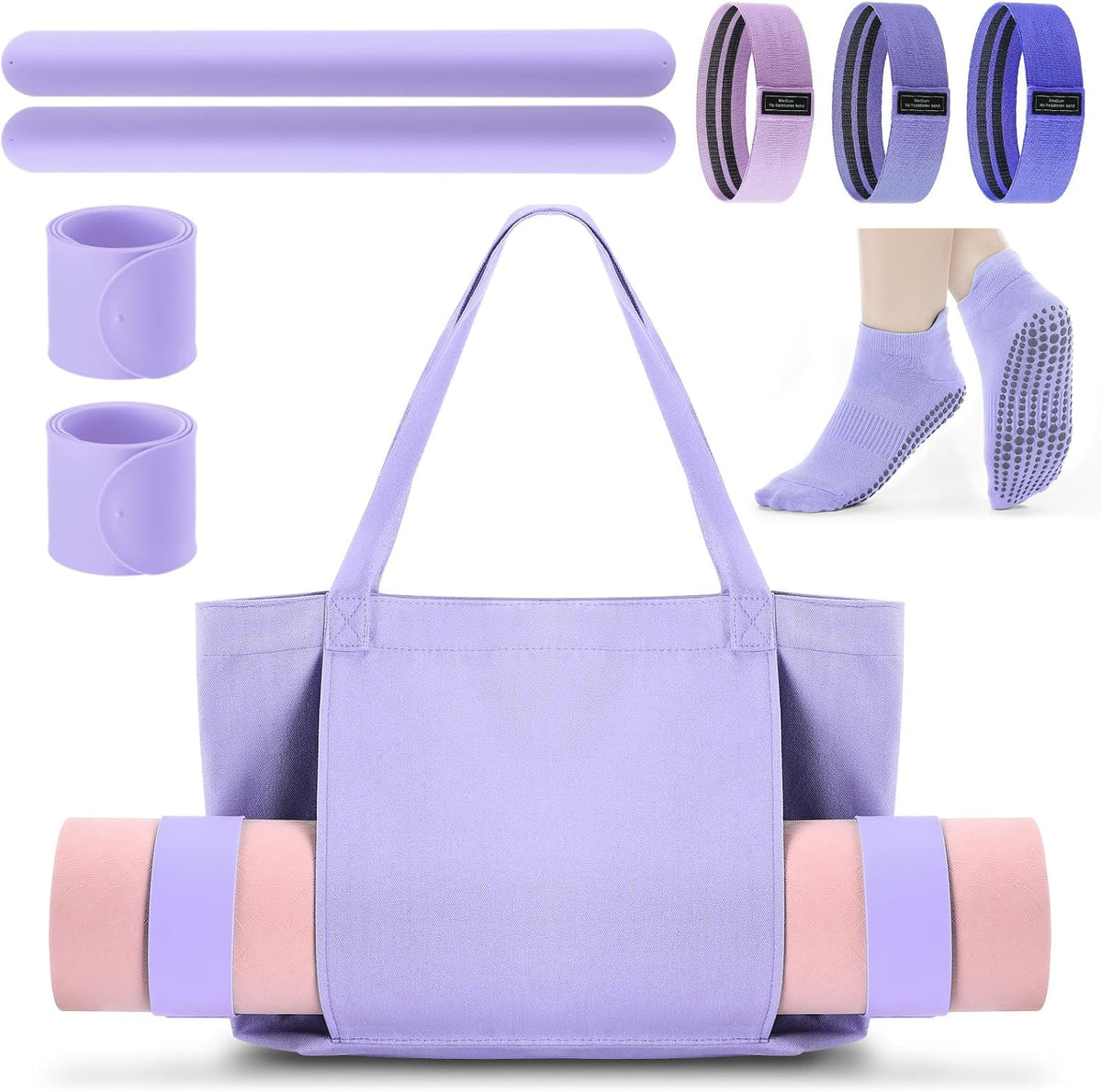 Yoga Mat Bag Set for Women Including Yoga Tote Bag (Without Mat) Booty Resistance Bands Non Slip Sports Socks Silicone Ties for Pilates Travel Workout Office Home Gym