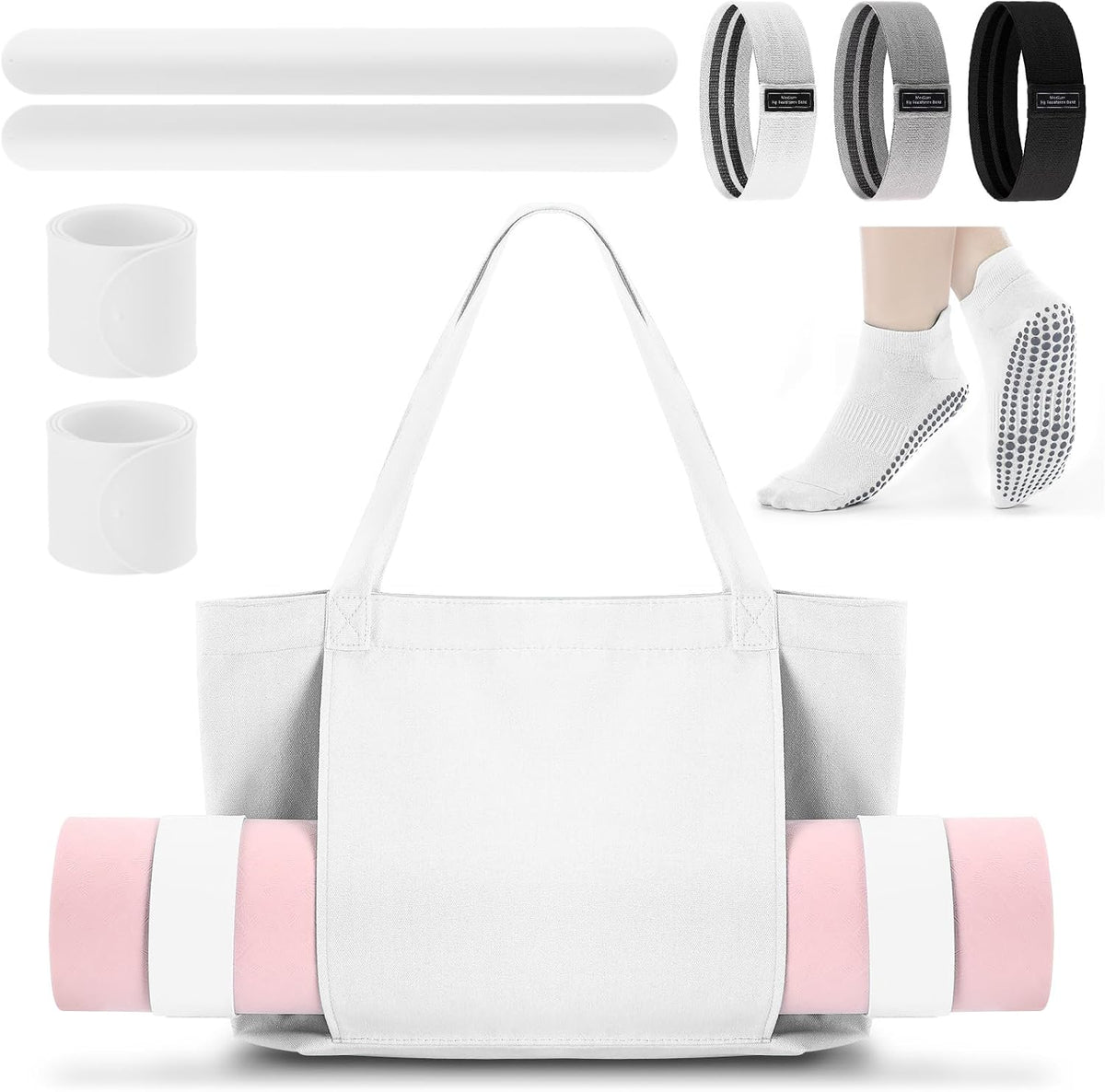 Yoga Mat Bag Set for Women Including Yoga Tote Bag (Without Mat) Booty Resistance Bands Non Slip Sports Socks Silicone Ties for Pilates Travel Workout Office Home Gym