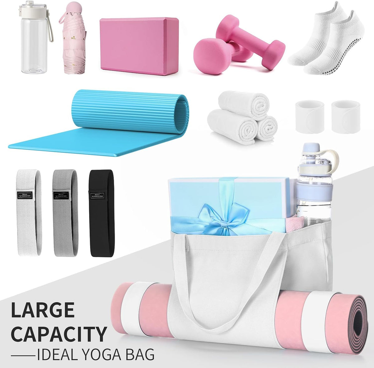 Yoga Mat Bag Set for Women Including Yoga Tote Bag (Without Mat) Booty Resistance Bands Non Slip Sports Socks Silicone Ties for Pilates Travel Workout Office Home Gym