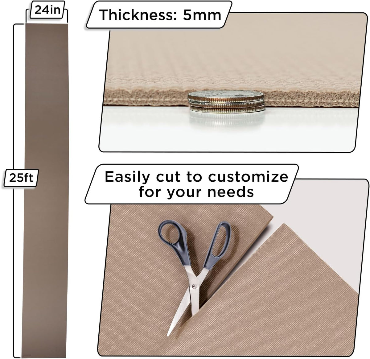 5mm Slip-Resistant Floor Mat Roll, 24in x 25ft, Mocha