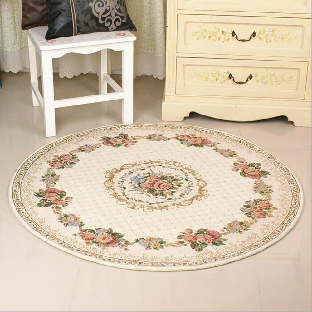 Royal Jacquard Floral Rose Rug Soft Yoga Mat Rustic Shabby Home Decorative Floor Rugs Round 3'x3'
